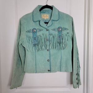 Women's SCULLY FRINGE & BEADED FAWN SUEDE LEATHER SHORT JACKET Snap Buttons LG